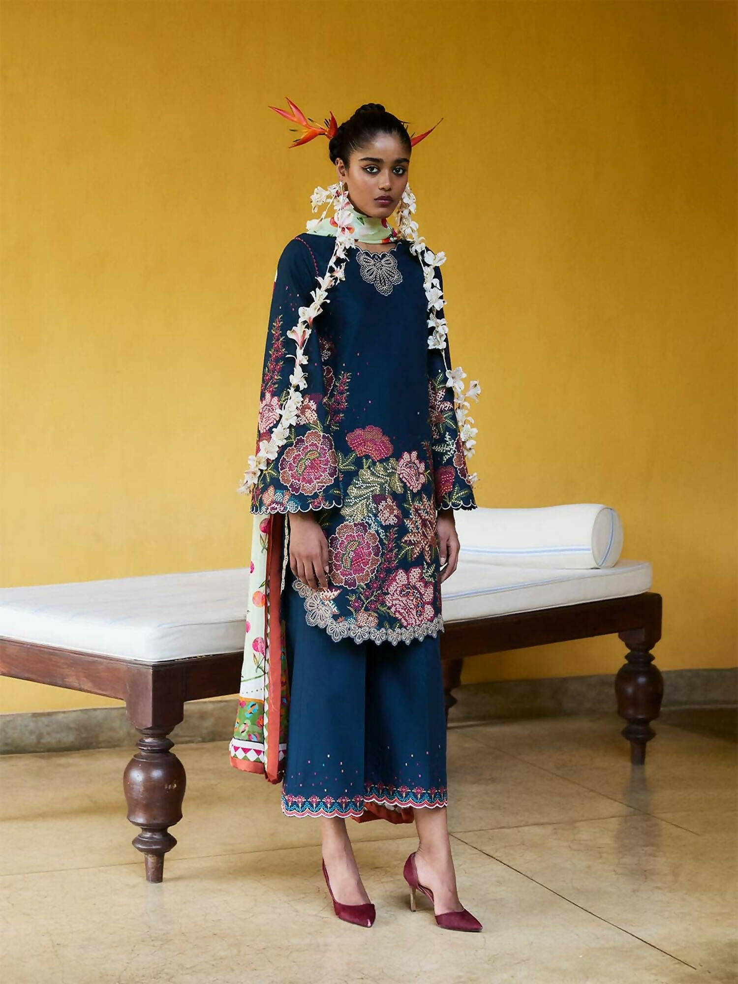 Jugnu by Hussain Rehar SS'25 Eid Pret Cotton Embroidered 3-Piece Suit-Silva
