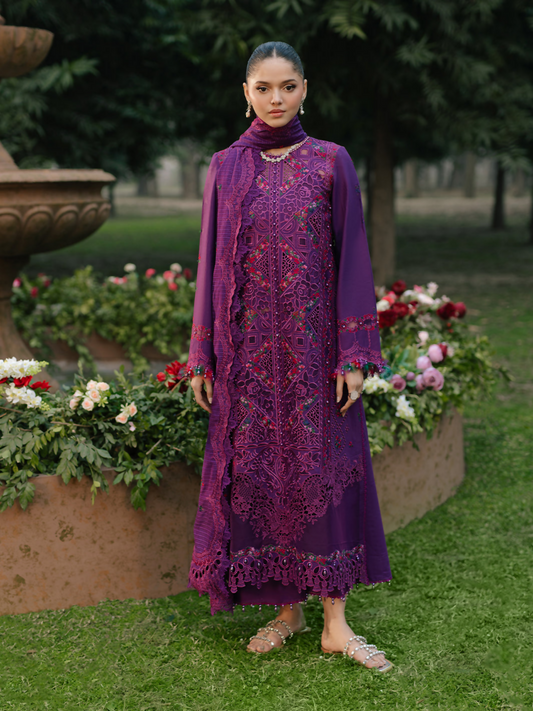 Chic laser and borer embroidered lawn suit with organza lace detailing, embroidered cotton mix dupatta, and classic dyed cotton trouser.