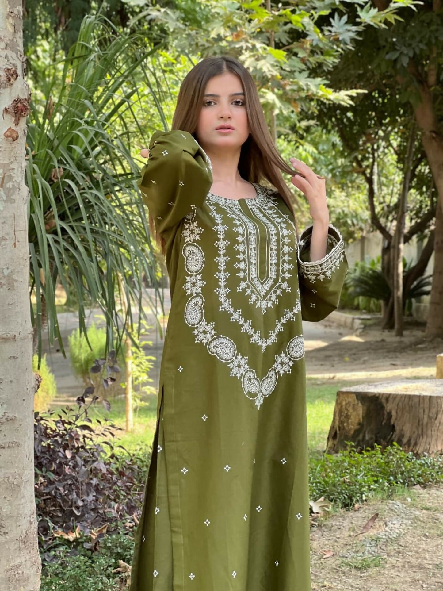 Tehzeeb Libas Cotton Lawn Embroidered Stitched 2-Piece Suit-OLIVE