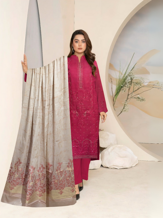 Elegant embroidered lawn suit with jacquard dupatta and cotton trouser.