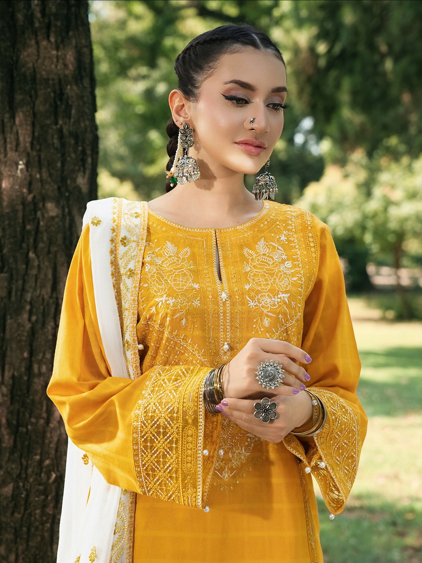 Hemstitch Lawn Embroidered Stitched 3-Piece Suit-Saffron Petal