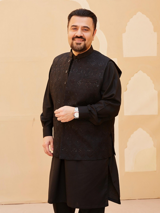 Gem Garments Raw Silk Embroidered Waist Coat-Musavir