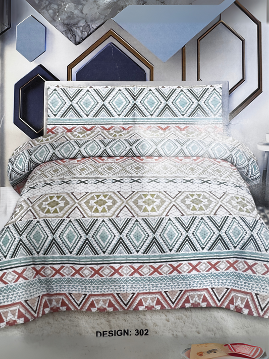 Multicolored printed luxury 3-piece bedspread set displayed on a double bed with matching pillow covers