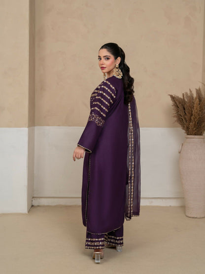 Stylish Collection Royal Pret Linen Embroidered Stitched 3-Piece Suit-Jazmine Purple