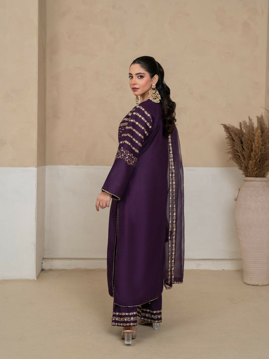 Stylish Collection Royal Pret Linen Embroidered Stitched 3-Piece Suit-Jazmine Purple