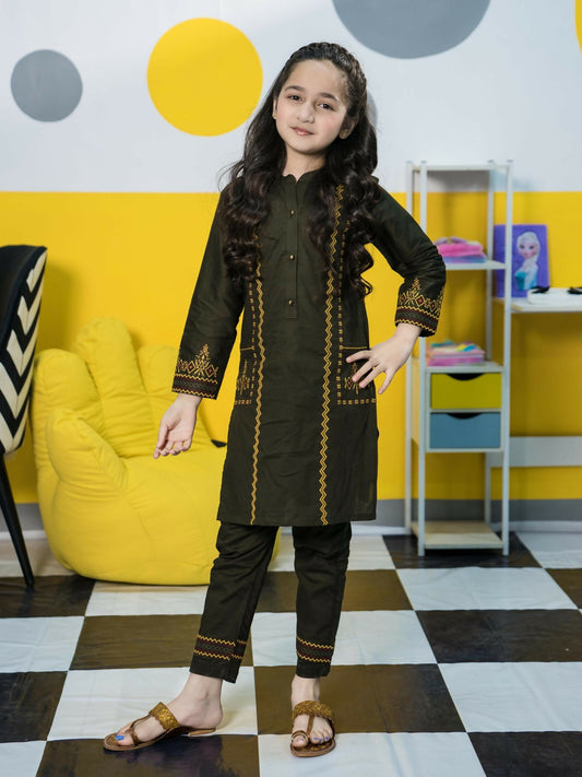 Olive Velvour Girls Embroidered Stitched 2-Piece Suit-VG70-A