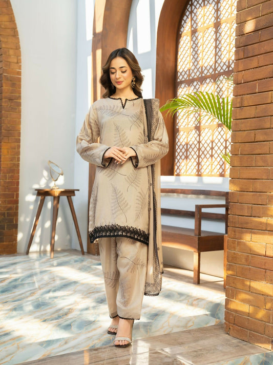 Panache Apparel Fiona SS'25 Dobby Lawn Printed Stitched Suit-Dune