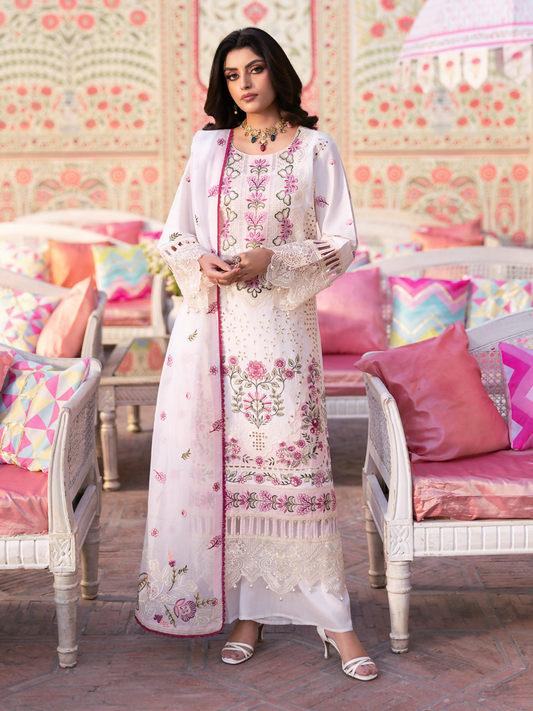Unstitched 3-piece suit with embroidered lawn shirt, dyed trouser, and embroidered cotton net dupatta.