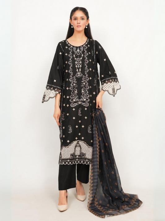 Woman wearing stitched 3-piece suit with fine white embroidery on straight-cut shirt, lace-detailed full sleeves, digitally printed dupatta, and matching straight trouser