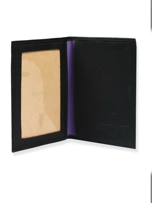 Men’s black leather card holder wallet with flap ID window, multiple card slots, and compact foldable design.
