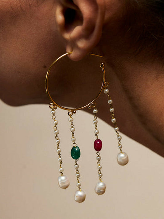 Jugnu by Hussain Rehar Golden Fringe hoop earrings with bold circular design, textured dangling elements, and gold-tone finish, modern versatile accessory.