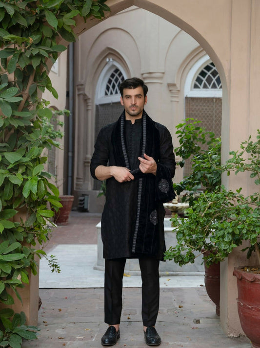 Fabrich Men Luxury Embroidered Velvet Shawl Black-GTS-VS-004
