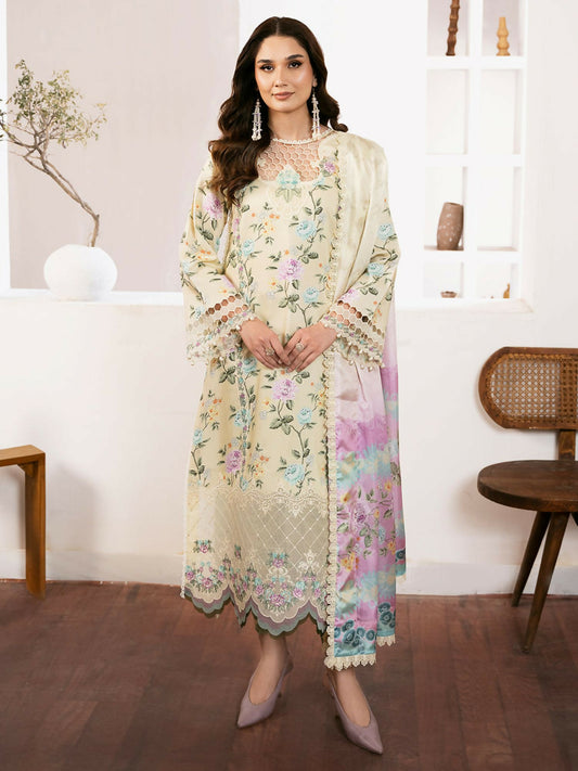 Bin Ilyas unstitched 3-piece suit with digital printed lawn shirt, embroidered organza neckline and laces, paired with digital printed dupatta and cotton trouser.