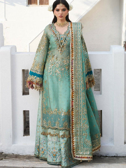 Embroidered organza shirt with sequin-embroidered organza dupatta and digitally printed Korean raw-silk sharara, luxury festive 3-piece set.