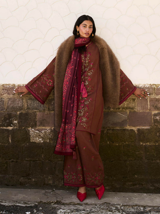 Brown Jugnu Lahore Luxury Khaddar Embroidered Unstitched 3-Piece Suit-Hazel