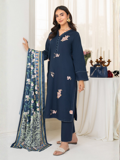Panache Apparel Winter Whisper Khaddar Embroidered Stitched 3-Piece Suit-Navy Frost