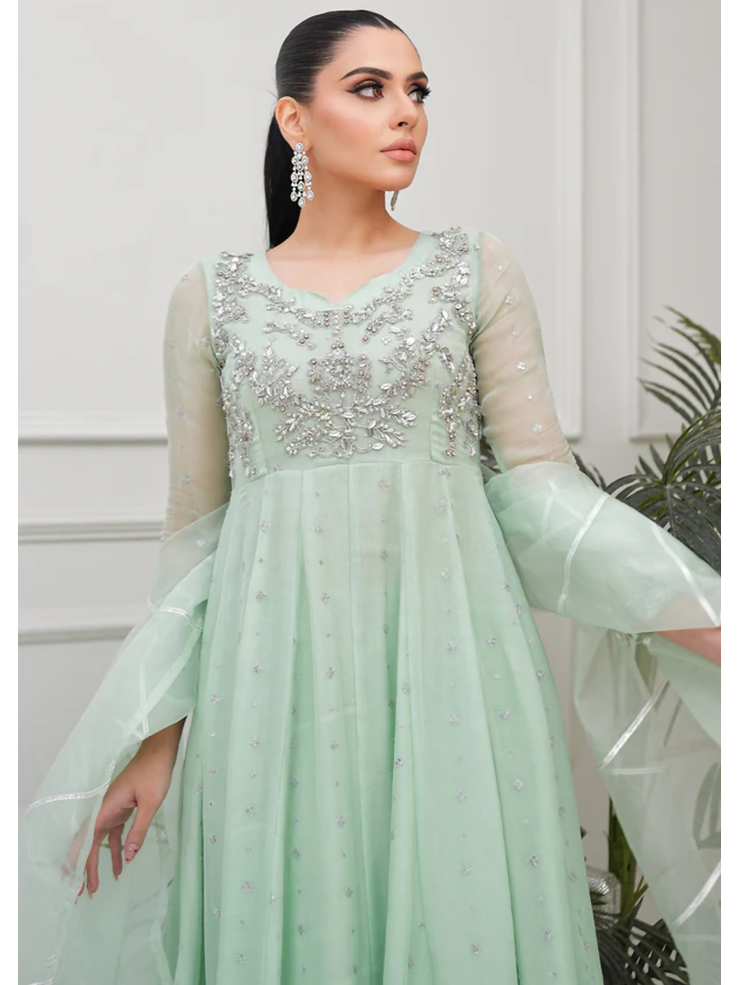 Allure By IH Lehr Chiffon Embroidered Lehenga-Matcha