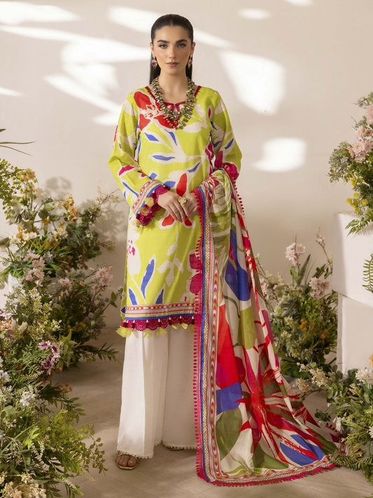 Girl standing wearing an unstitched 3-piece suit with premium digital printed slub lawn shirt, pure voile digital printed dupatta, and dyed cotton trouser, styled for summer elegance and comfort.