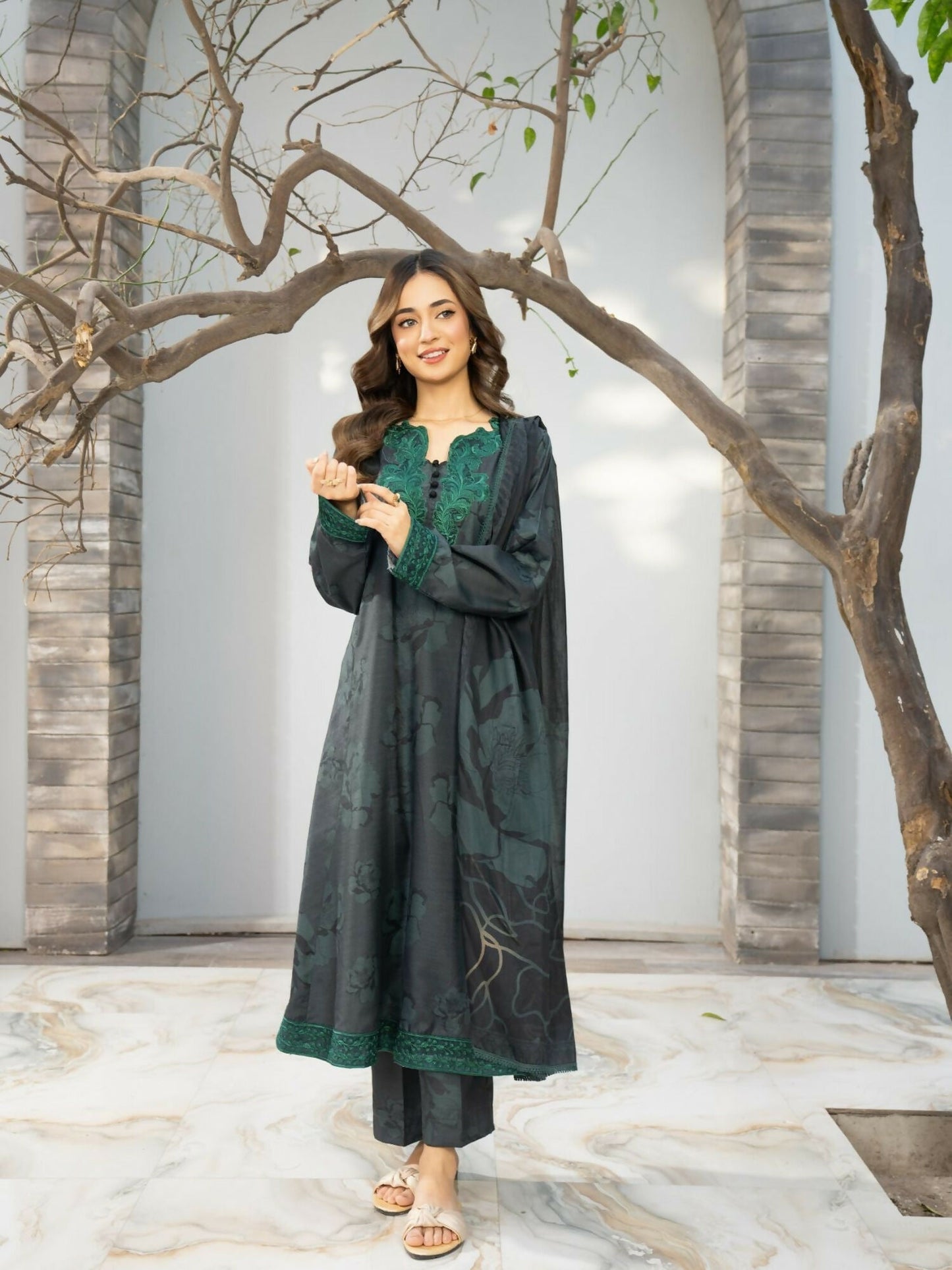 Panache Apparel Fiona SS'25 Cambric Embroidered Stitched Suit-Moss