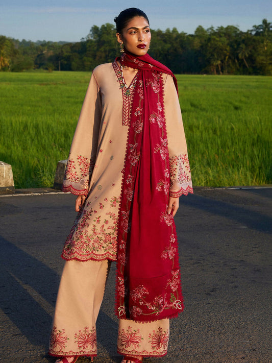 Beige Hussain Rehar Luxury Lawn Embroidered Stitched 3-Piece Suit-Shiren