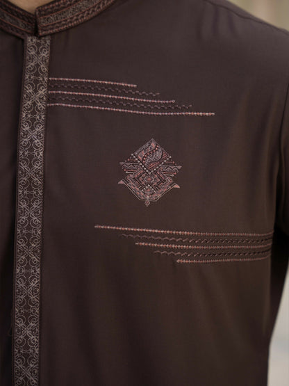 Fabrich Men Wash & Wear Embroidered Unstitched Shalwar Kameez-Brown