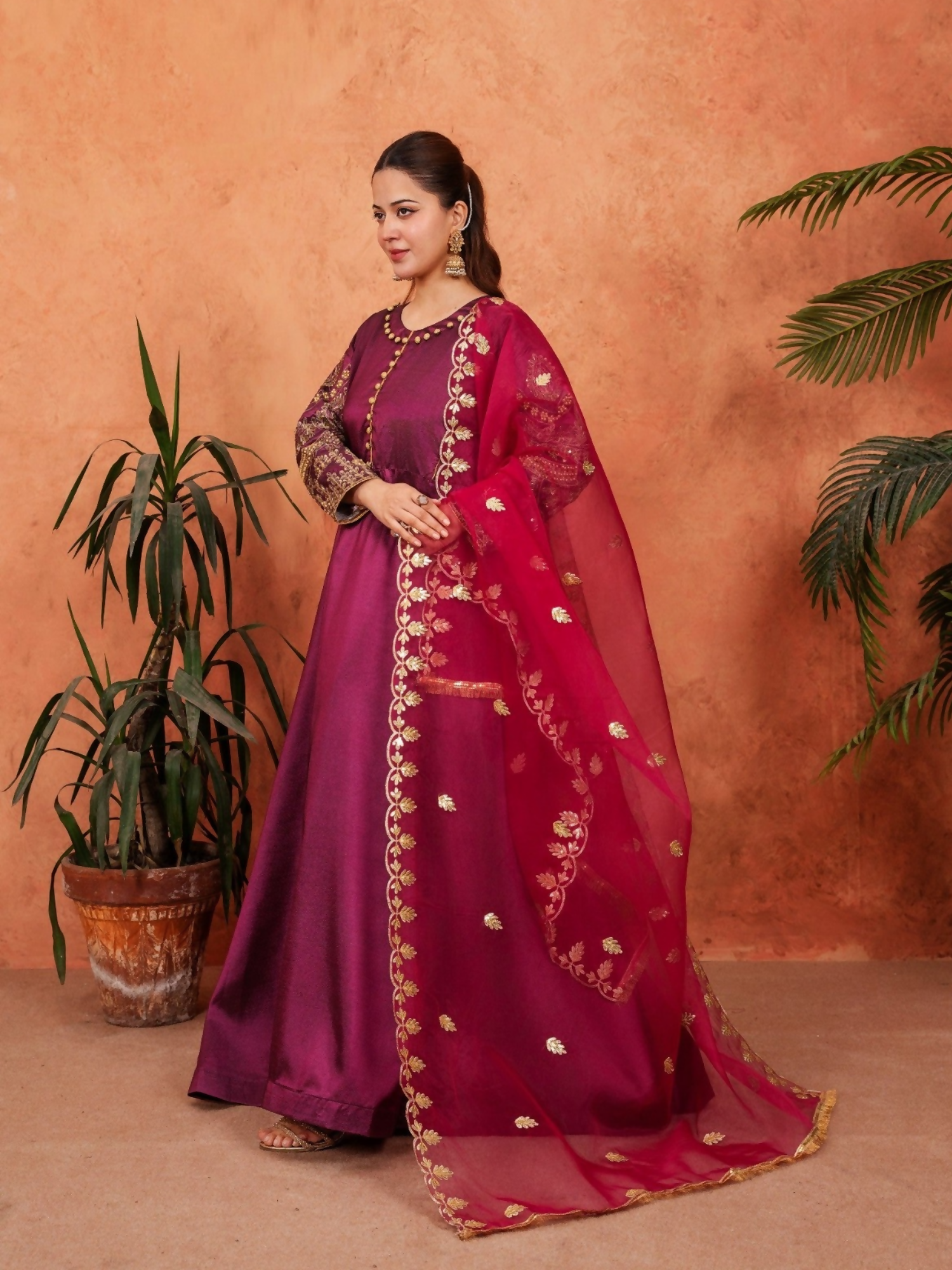 Stylish Collection Majeste Silk Embroidered Maxi-Zuri Plum