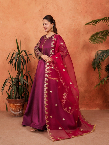 Stylish Collection Majeste Silk Embroidered Maxi-Zuri Plum
