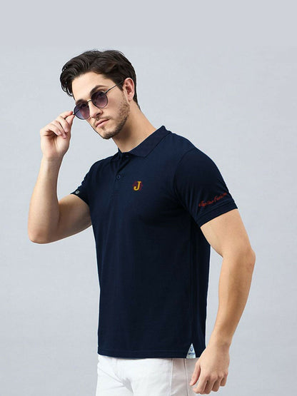 Men's Jupiter polo with textured collar, soft viscose-cotton blend fabric, and embroidered logos on chest and left arm