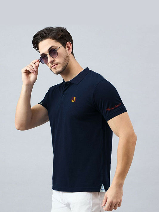 Men's Jupiter polo with textured collar, soft viscose-cotton blend fabric, and embroidered logos on chest and left arm