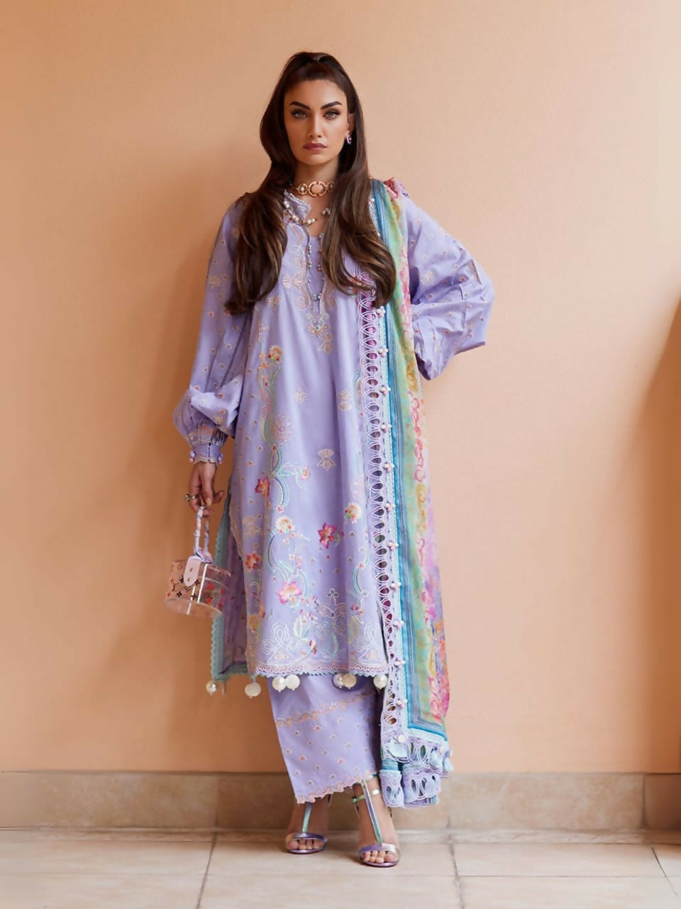 FTA Liliana Lavender embroidered jacquard shirt with organza borders, chiffon dupatta, and jacquard pants.