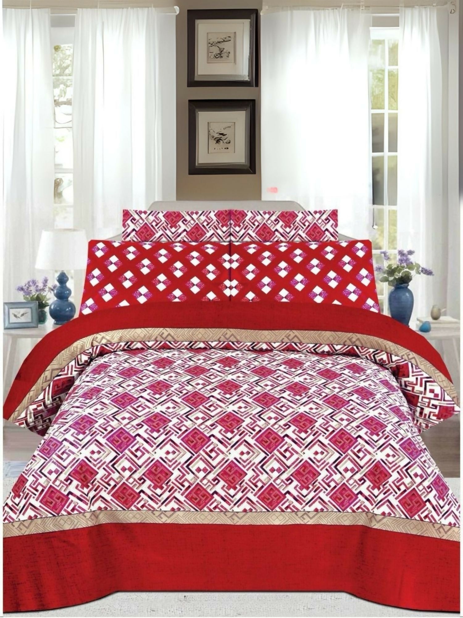 IMG ALT: Danier 6pcs red and white comforter set with floral design, includes king-size comforter, bedsheet, and four pillow covers – soft poly cotton for a stylish and cozy bedroom look.