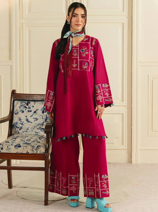 Mannat Clothing Boho Summer'26 Cotton Embroidered Stitched Suit-Crimson Muse