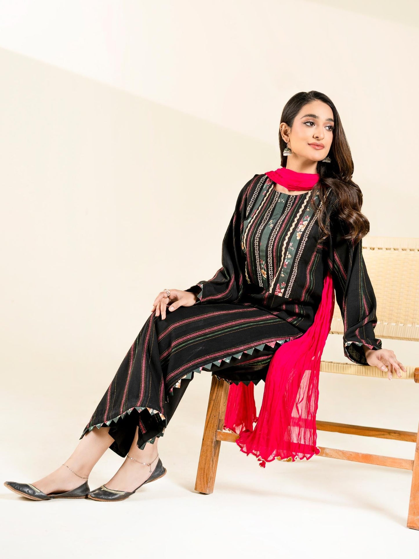 Black Rabazka Jaquard Embroidered Stitched 3-Piece Suit-WRTW-DJC-S26-3PC-01