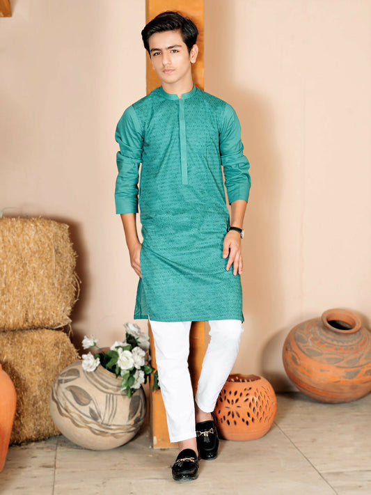 Mandarin collar cotton kurta with elegant embroidery, full sleeves, and a classic regular fit in a traditional ethnic style.