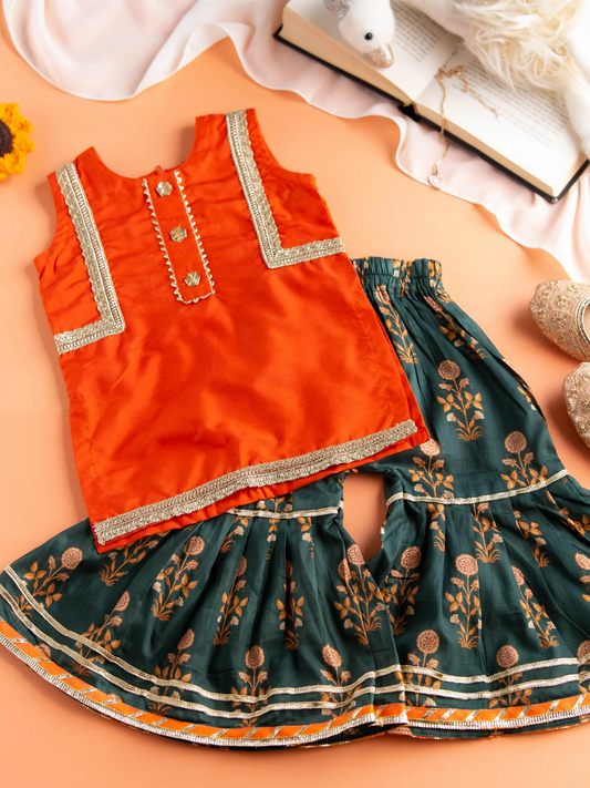 Kidoz Kloset Cotton Silk Printed Gharara-Citrus Breeze