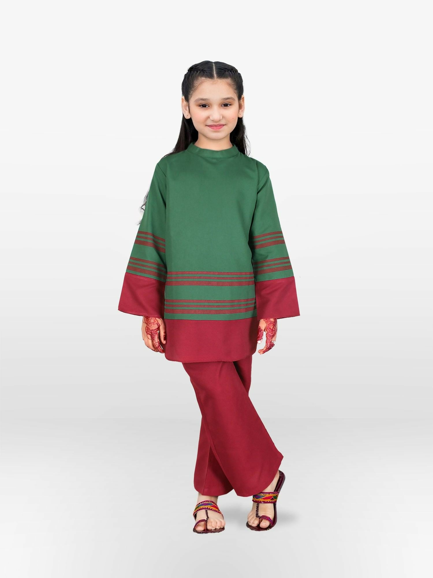 Green and Red Velvour Girls Stitched 2-Piece Suit-VG128-C