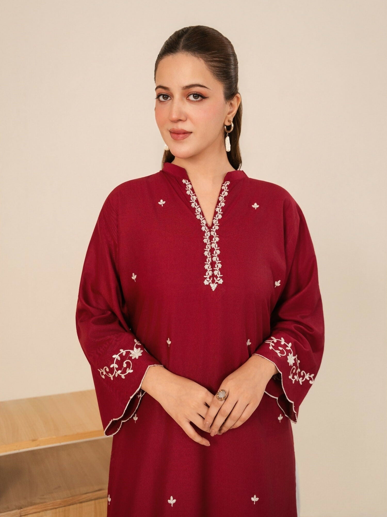 Stylish Collection Whisper Pret Linen Embroidered Stitched 2-Piece Suit-Claret