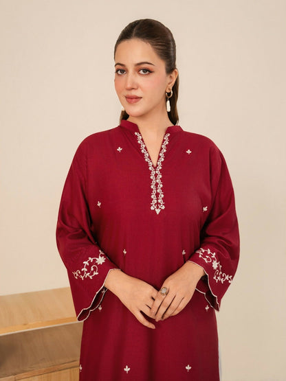 Stylish Collection Whisper Pret Linen Embroidered Stitched 2-Piece Suit-Claret