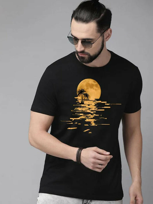 Black Jupiter Printed Sunset Beach Graphic Tee-Shirt-14470