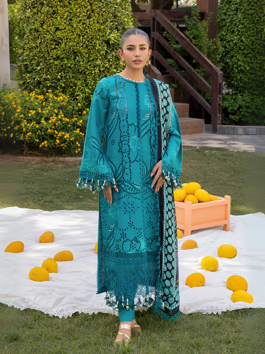 Woman wearing a teal unstitched 3 piece suit featuring a black chikankari shirt, chiffon dupatta, and cotton trouser.