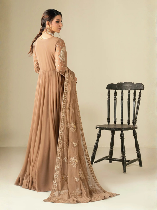 Brown-Hani & Umaima Chiffon Embroidered Pishwas-Rosa 