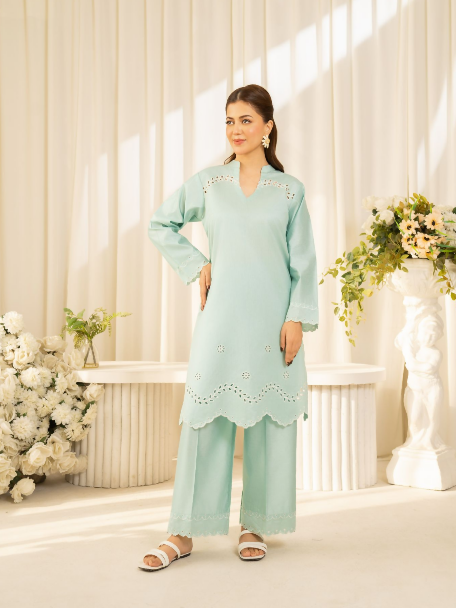 Panache Apparel Sunlit Essentials Slub Cambric Embroidered Co-Ord Set-Skylin