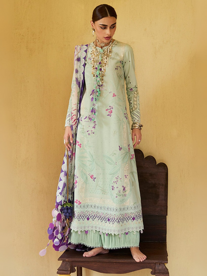 Mint green embroidered lawn outfit by Sana Yasir with intricate embroidery, organza borders, and a digital printed dupatta.