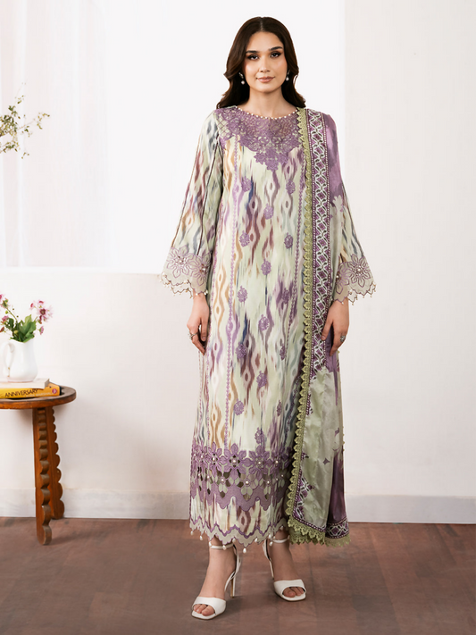 Bin Ilyas unstitched 3-piece suit with digital printed embroidered lawn front, embroidered organza neckline and laces, digital printed dupatta, and digital printed cotton trouser.