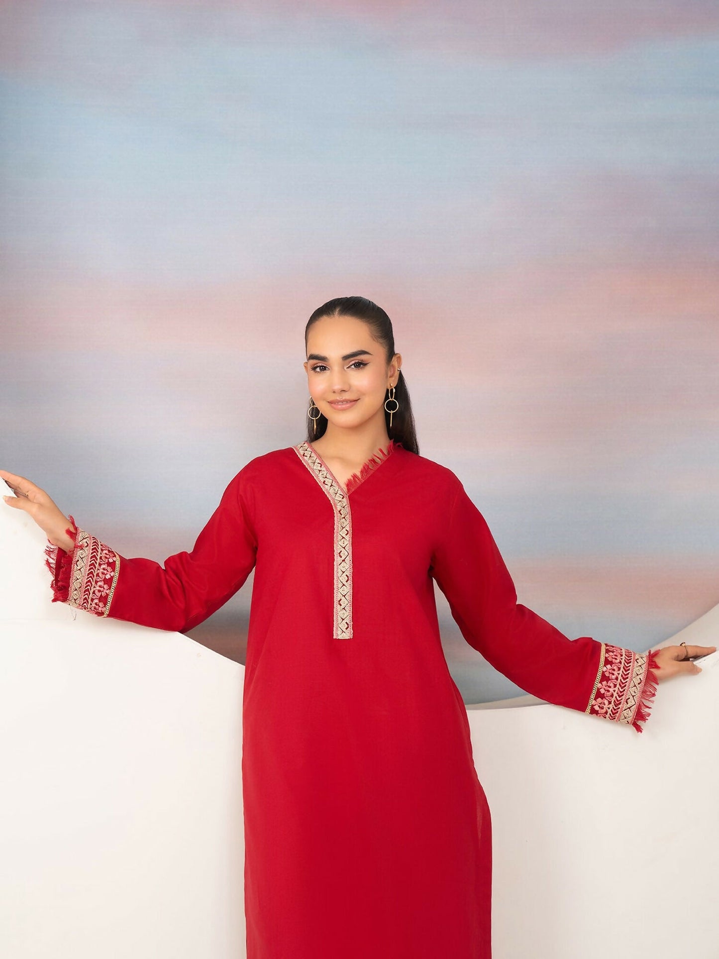 Panache Apparel Winter Whisper Khaddar Embroidered Stitched Suit-Scarlet