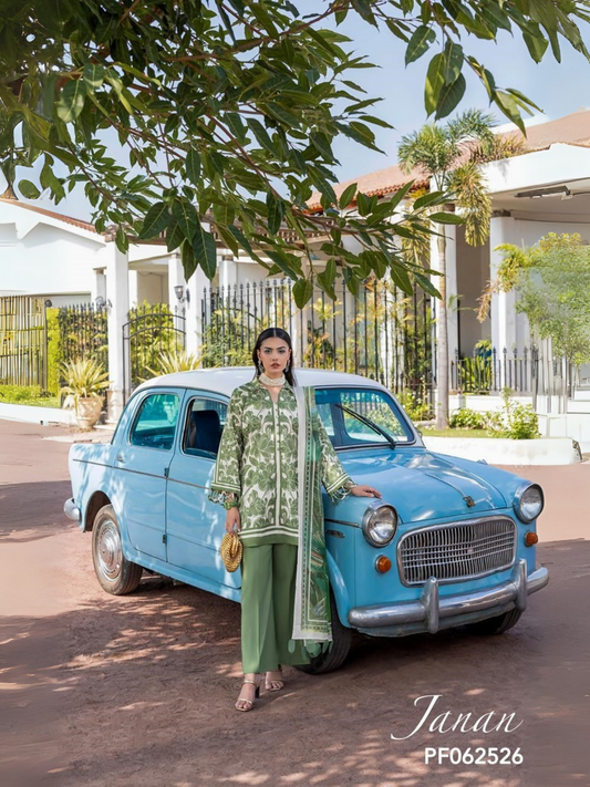 Unstitched 3-piece suit with printed lawn shirt, printed dobby voil dupatta, and dyed cotton trouser, ideal for warm-weather elegance.