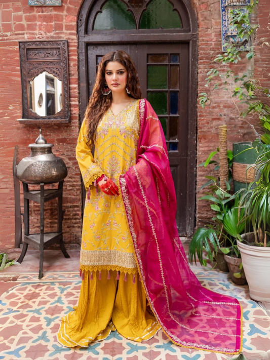 Fatima Hussain unstitched 3-piece suit with embroidered lawn shirt, embroidered cotton net dupatta, and dyed cotton trouser.
