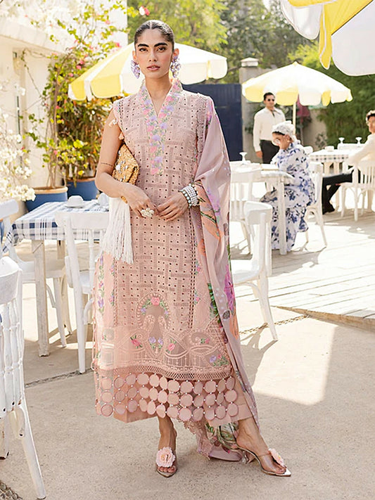 Unstitched 3-piece suit with embroidered lawn front and sleeves, printed silk dupatta, and dyed cambric trouser, ideal for graceful and stylish everyday wear.