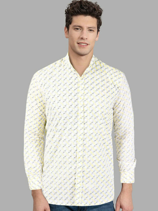 Men’s casual cotton shirt with mandarin collar, long sleeves, and curved hem – designed in Pakistan for everyday sophistication.
