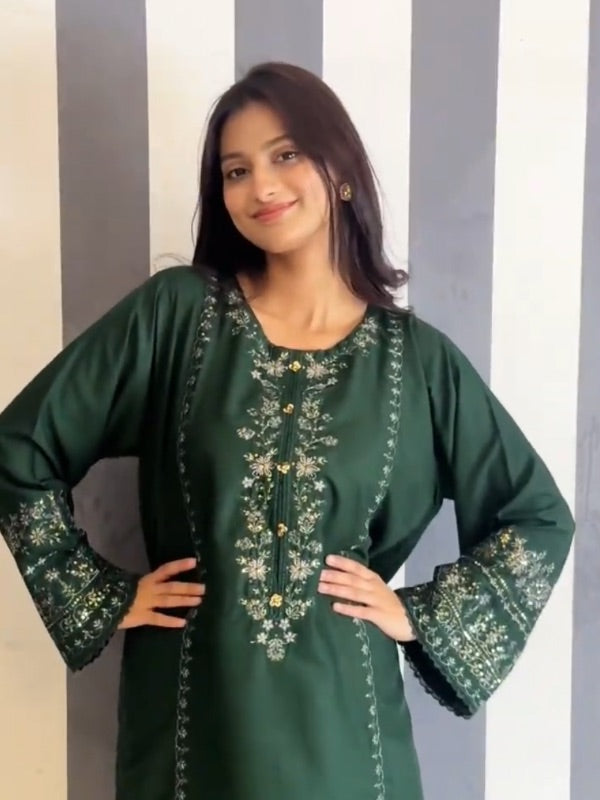ayat closet linen embroidered stitched 2 piece suit olive green